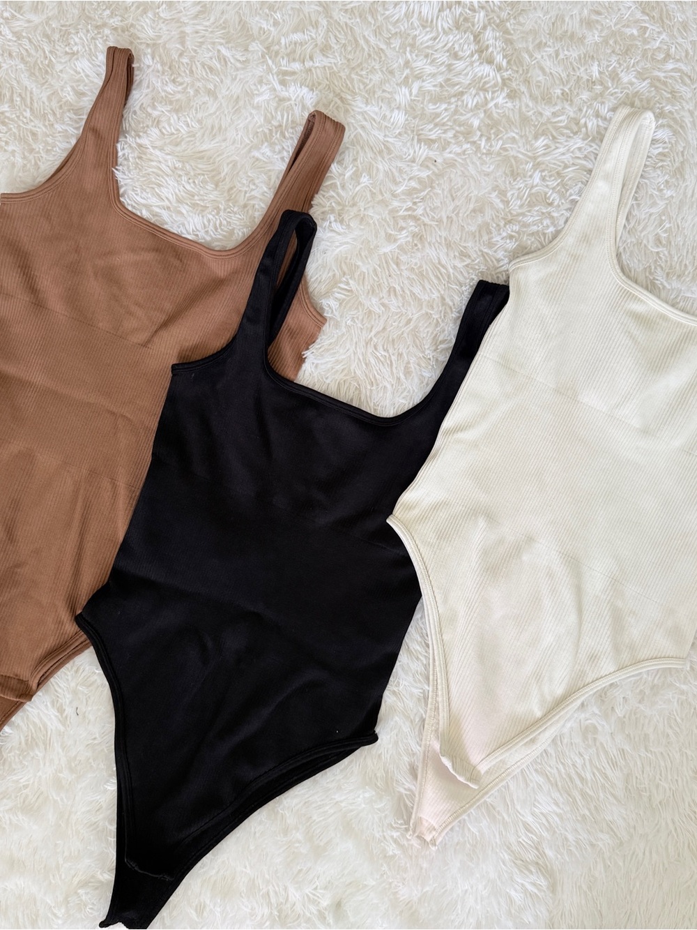 Everyday Ribbed Scoop Bodysuit — Black, Cream & Brown